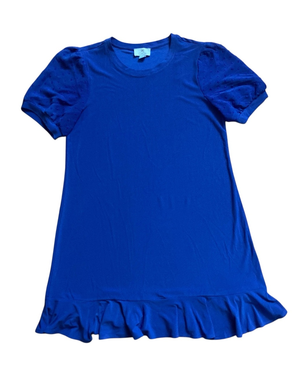 Cece Dress with Dot Puff Sleeves and Ruffle Hem Women’s M Blue